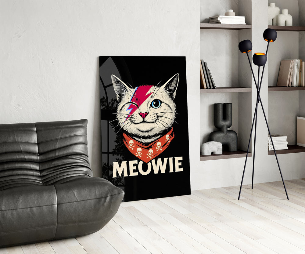 Glam-rock cat panel against a moody black-painted accent wall