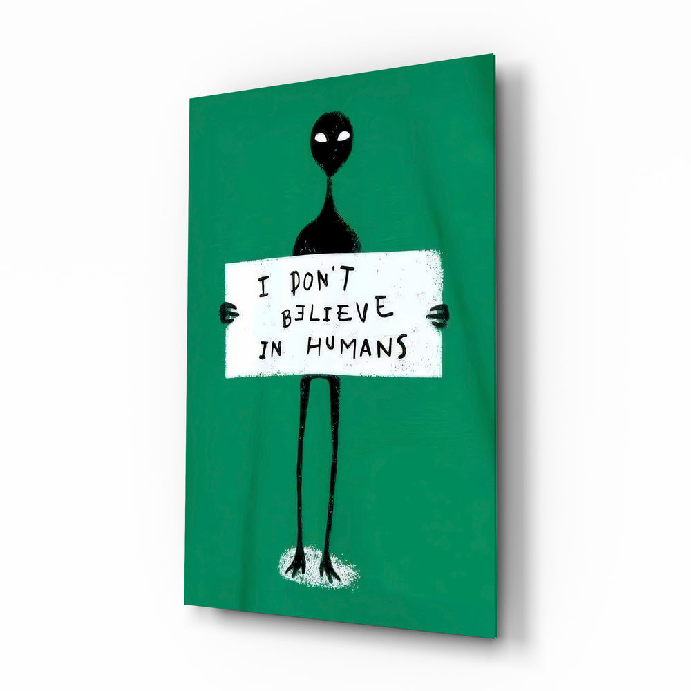 Alien Disbelief sign glass wall art in a modern teen's bedroom