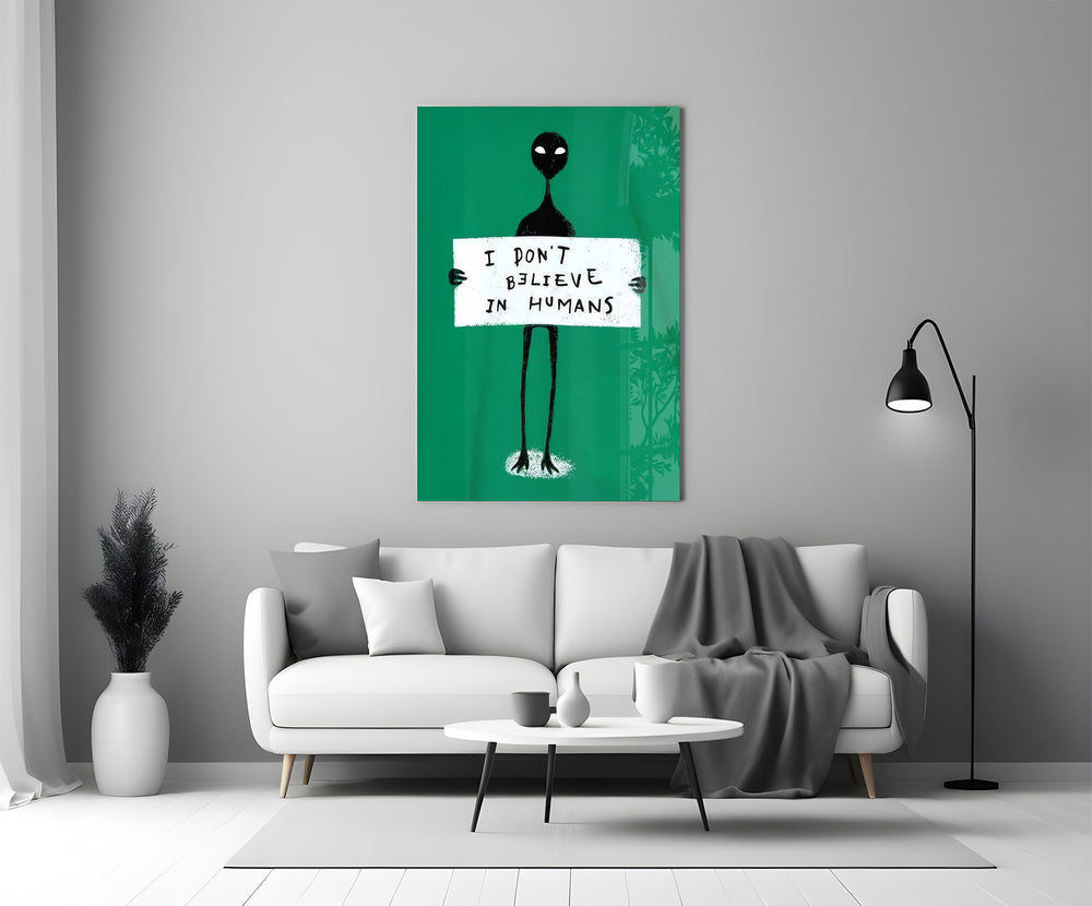 Humor glass print bringing absurd edge to a designer's office