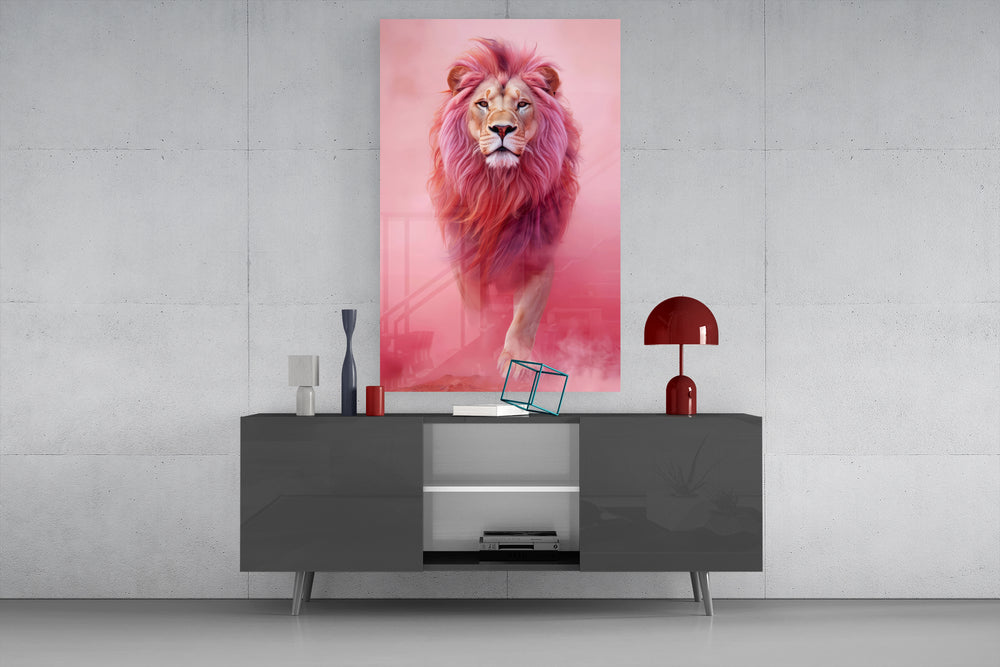 Pink Lion glass wall art catching light to reveal its dreamy atmosphere