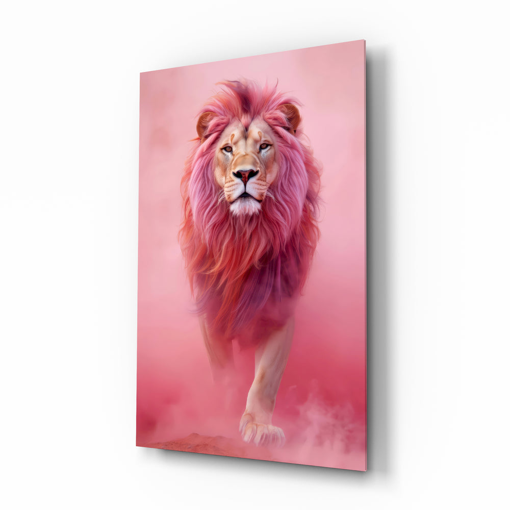Elegant Pink Lion glass wall art in a modern women's boutique