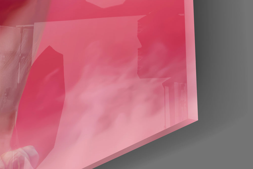 Close-up detail of the magenta-coral mane and pink mist behind glass