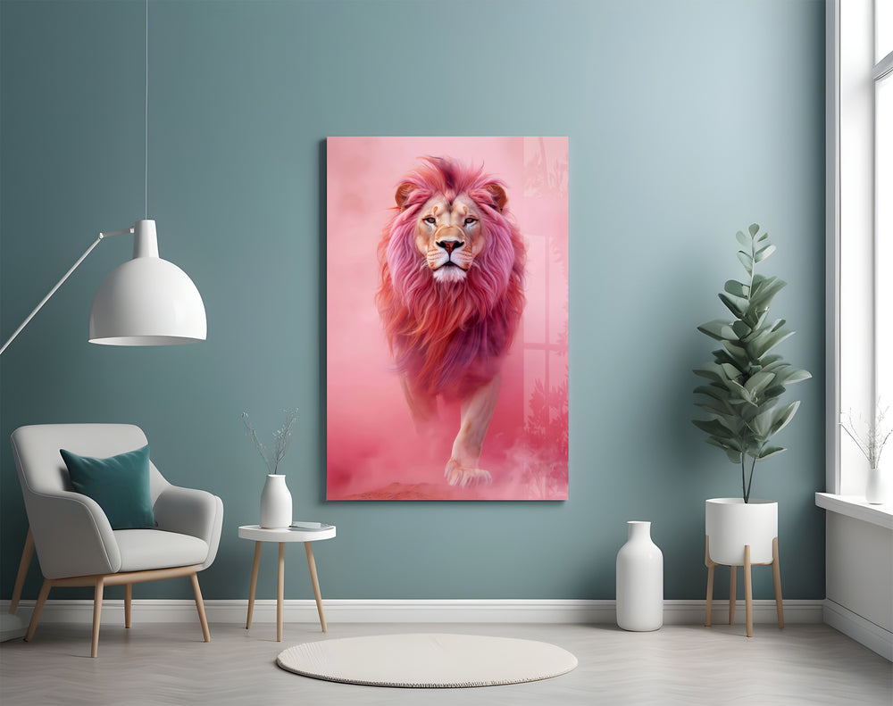 Pink Lion artwork styled in a master bedroom with rose palette