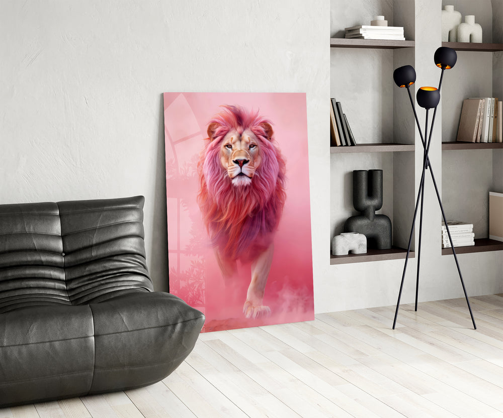 Pink Lion panel against a soft rose-painted accent wall