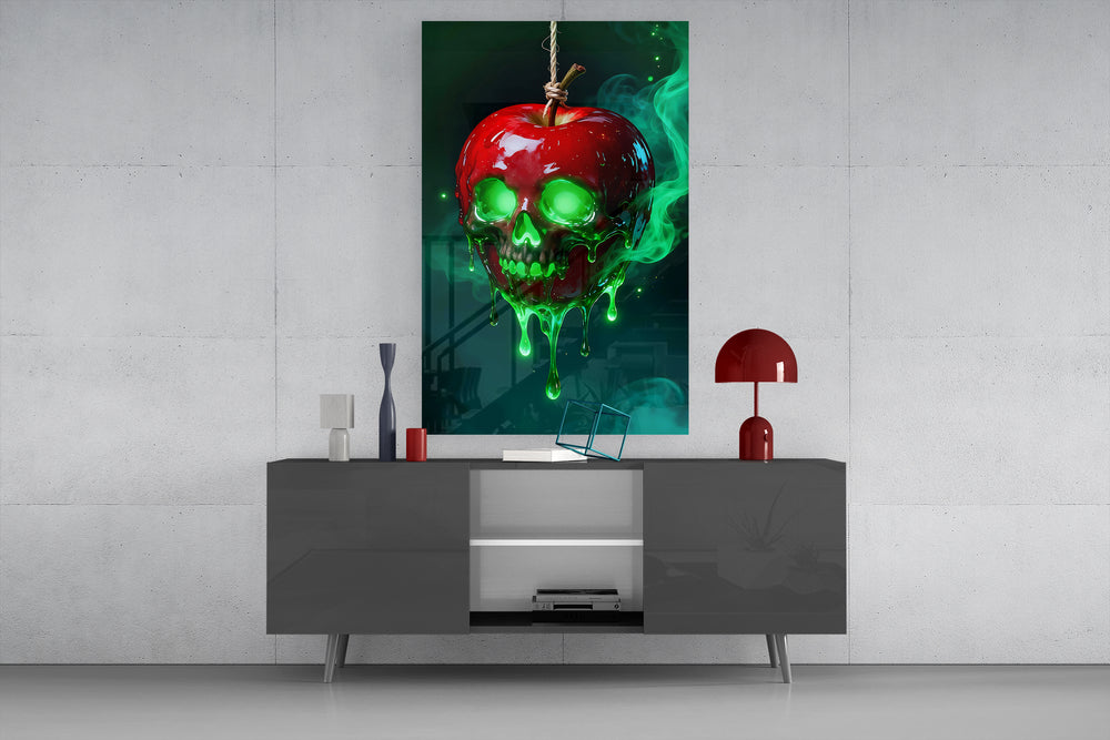 Poisoned Apple glass wall art catching light to reveal its dripping detail