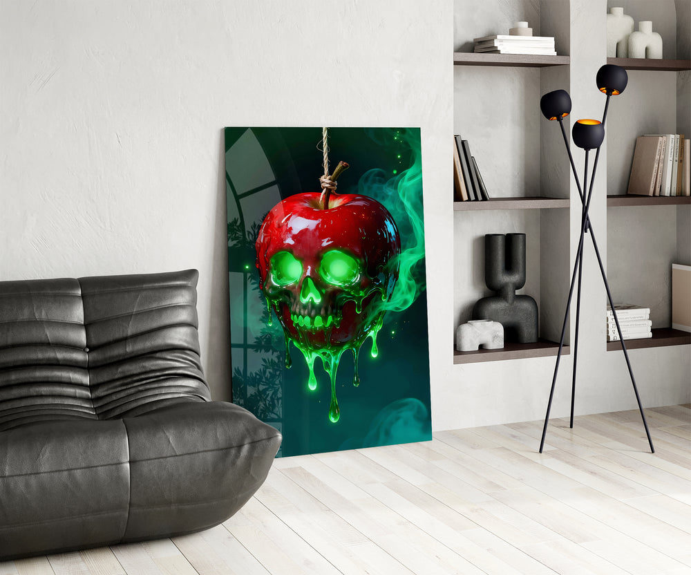Poisoned apple panel against a moody dark-painted wall