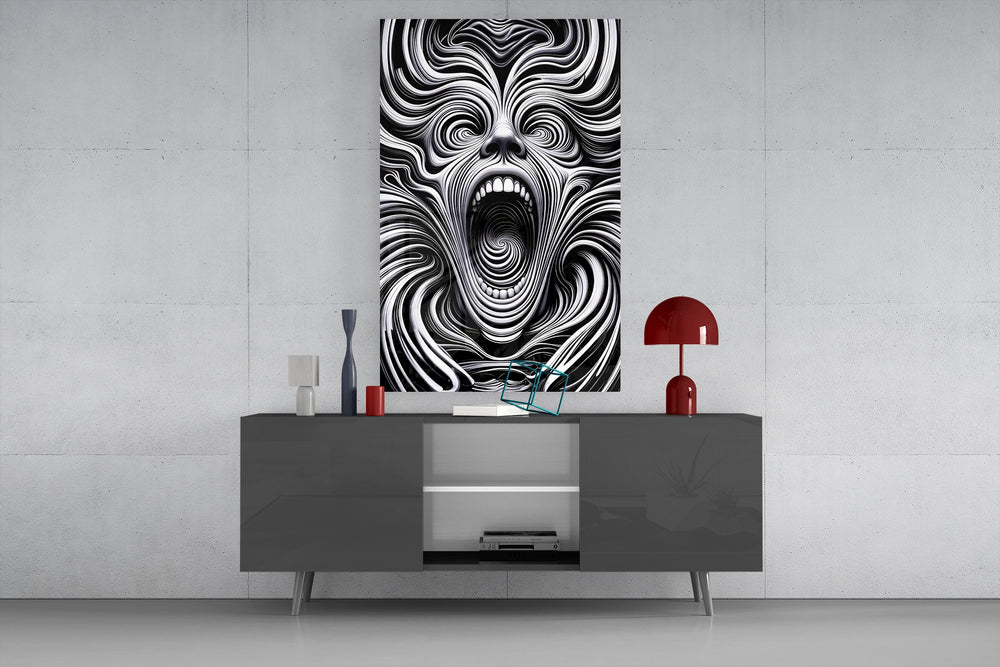 Spiral Scream glass wall art catching light to reveal its drawn precision