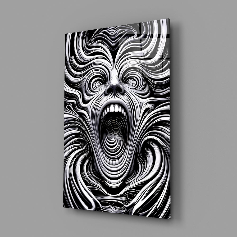Black-and-white surreal portrait panel anchoring a creative loft wall