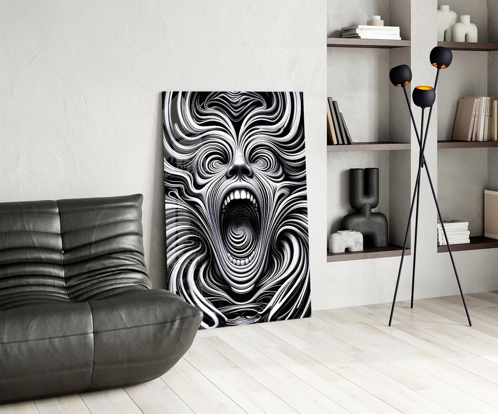 Surreal portrait panel against a clean white-painted accent wall