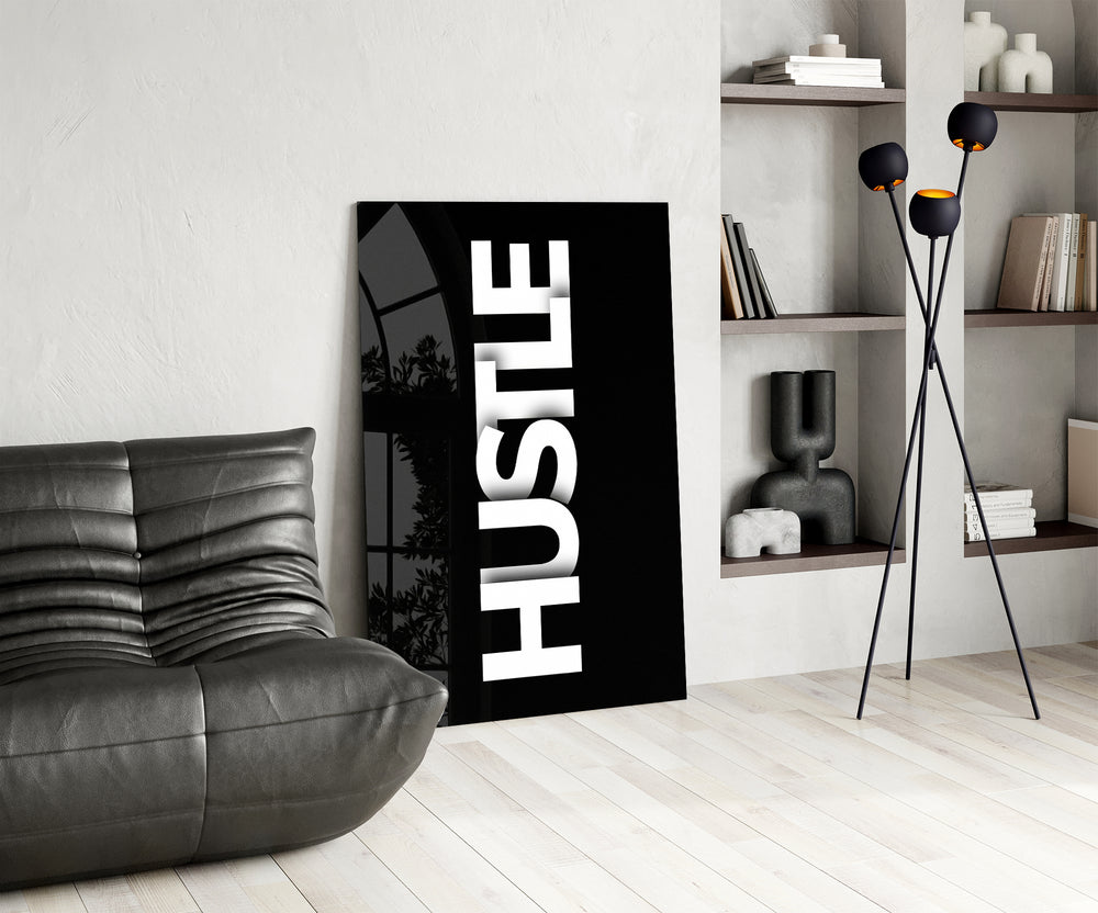 Typography panel against a moody black-painted accent wall