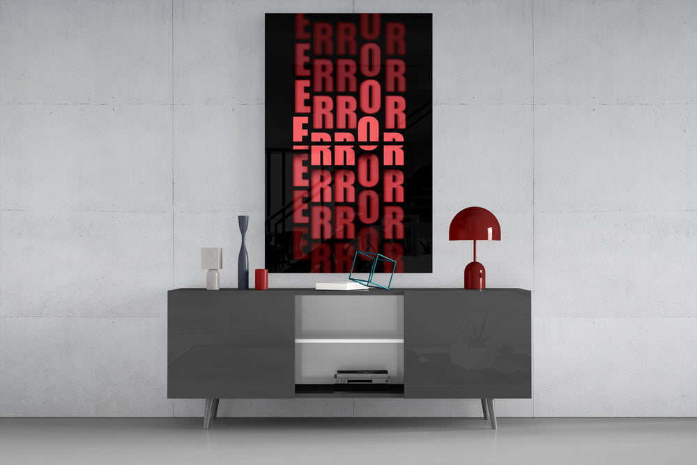 Error Red glass wall art catching light to reveal its layered typography