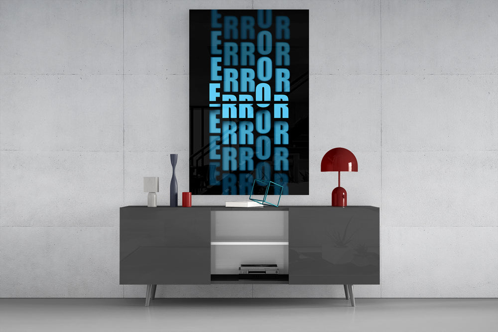 Error Blue glass wall art catching light to reveal its layered typography