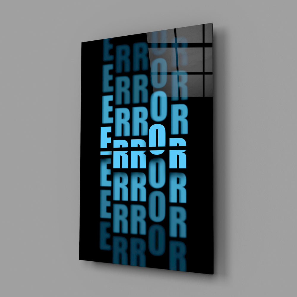 Glitch-poster panel anchoring a tech-startup lounge wall