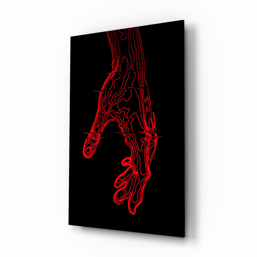 Red Hand Outline contour glass wall art in a modern study