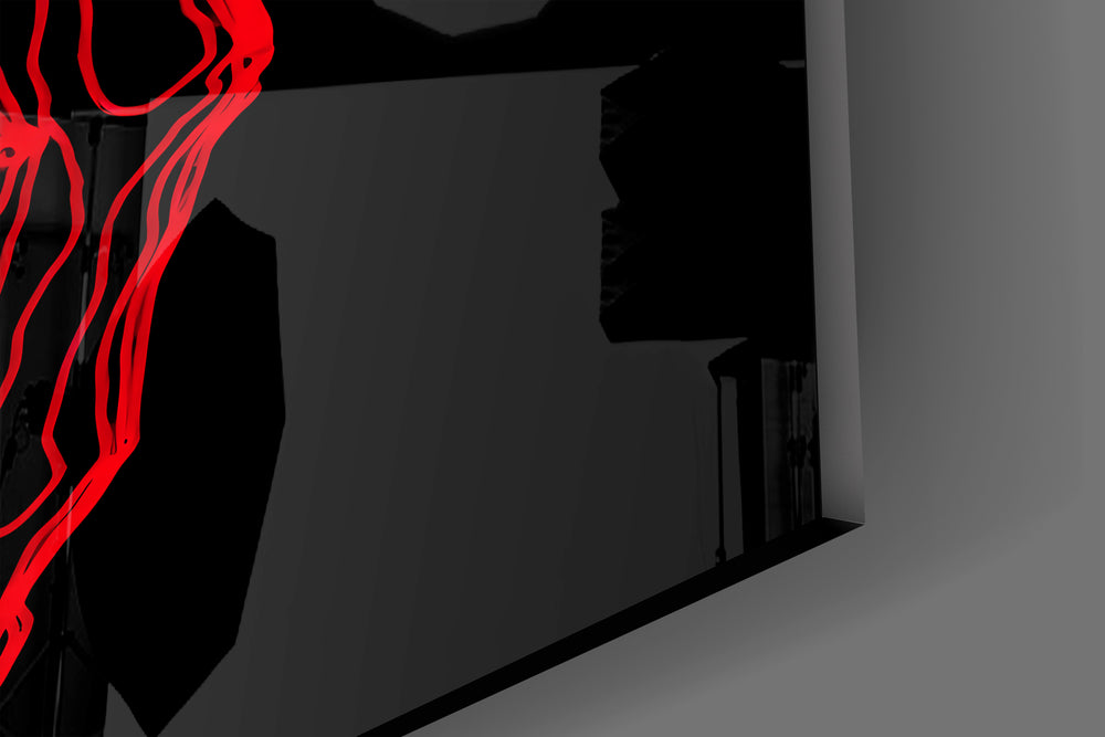 Close-up detail of the tangled scarlet contour lines behind glass