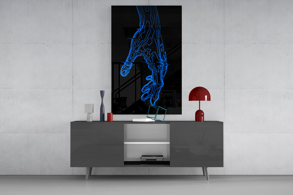 Blue Hand Outline glass wall art catching light to reveal its drawn precision
