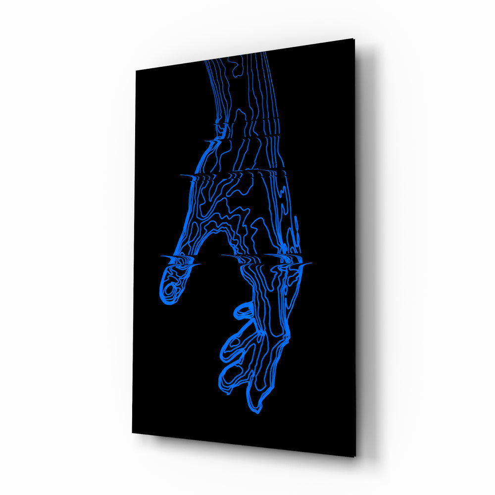 Blue Hand Outline contour glass wall art in a modern study