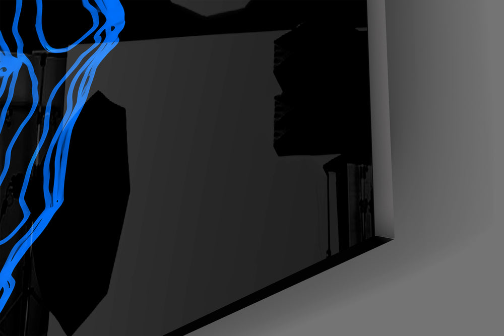 Close-up detail of the tangled cobalt contour lines behind glass