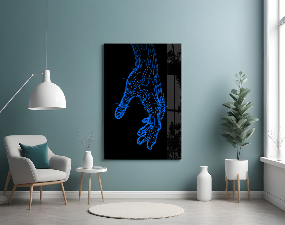Blue Hand artwork styled in a tech-startup lounge