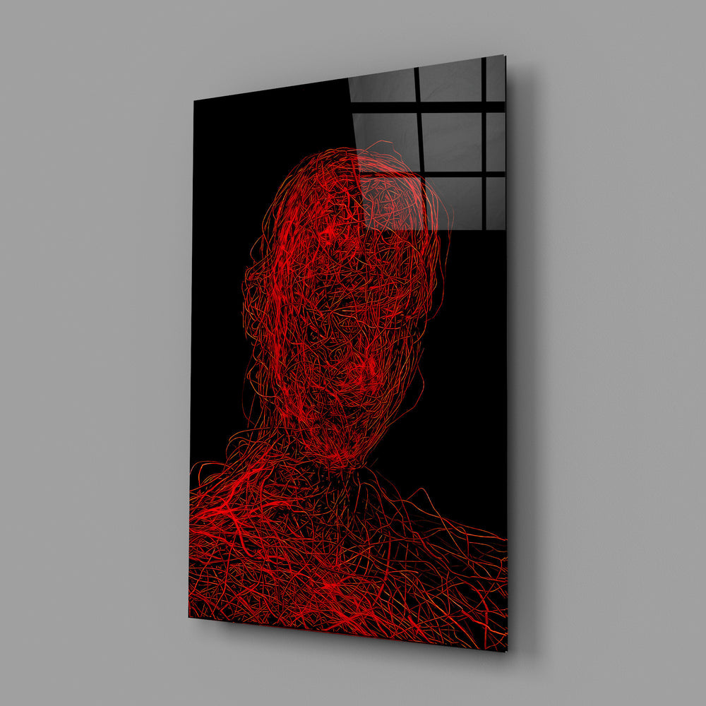 Conceptual portrait panel anchoring a designer's office wall