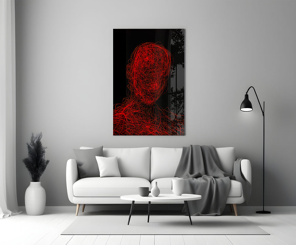 Line-art glass print bringing reflective mood to a creative loft