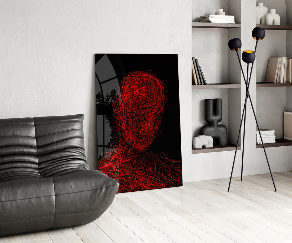 Tangled-threads panel against a moody black-painted accent wall