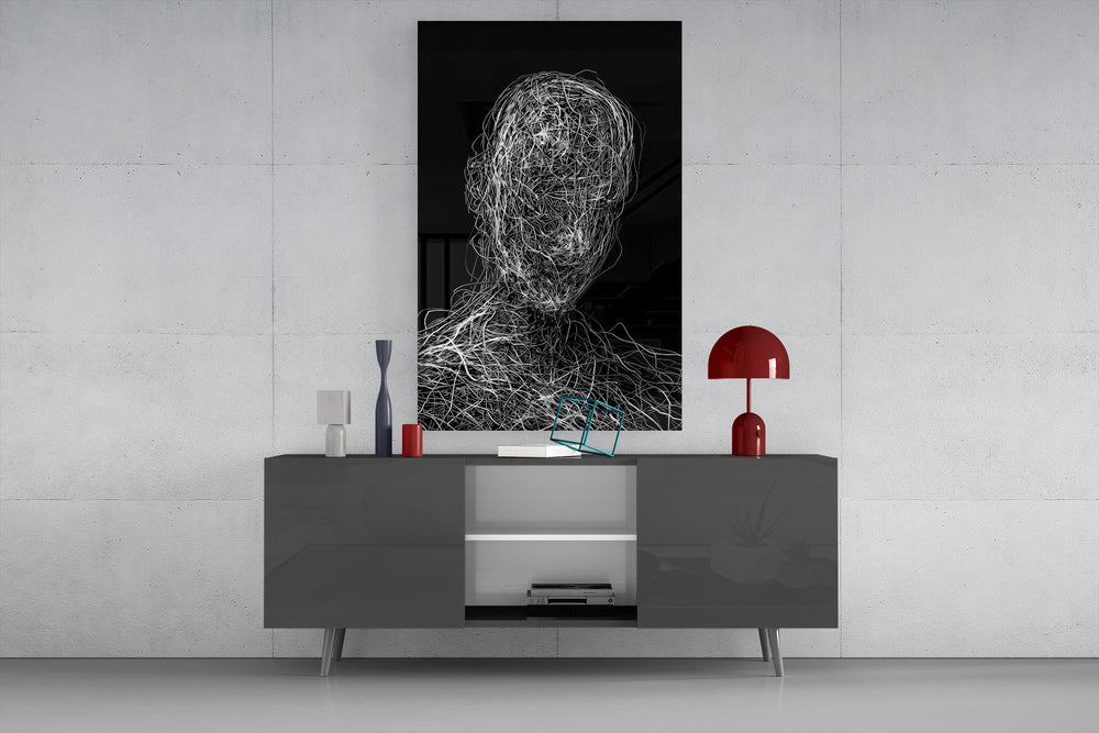 Tangled Threads glass wall art catching light to reveal its drawn rhythm