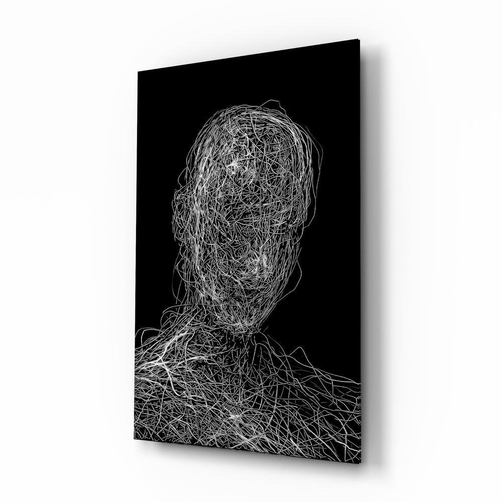 White Tangled Threads portrait glass wall art in a modern study