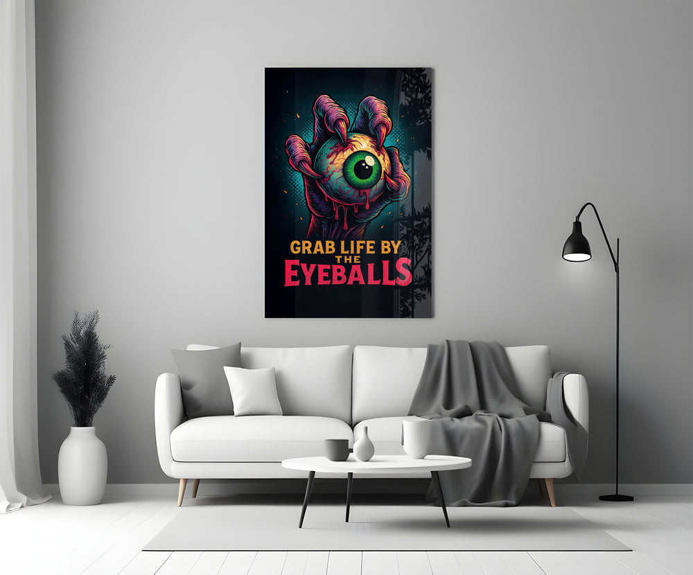 Pop-poster glass print bringing wit to a creative office