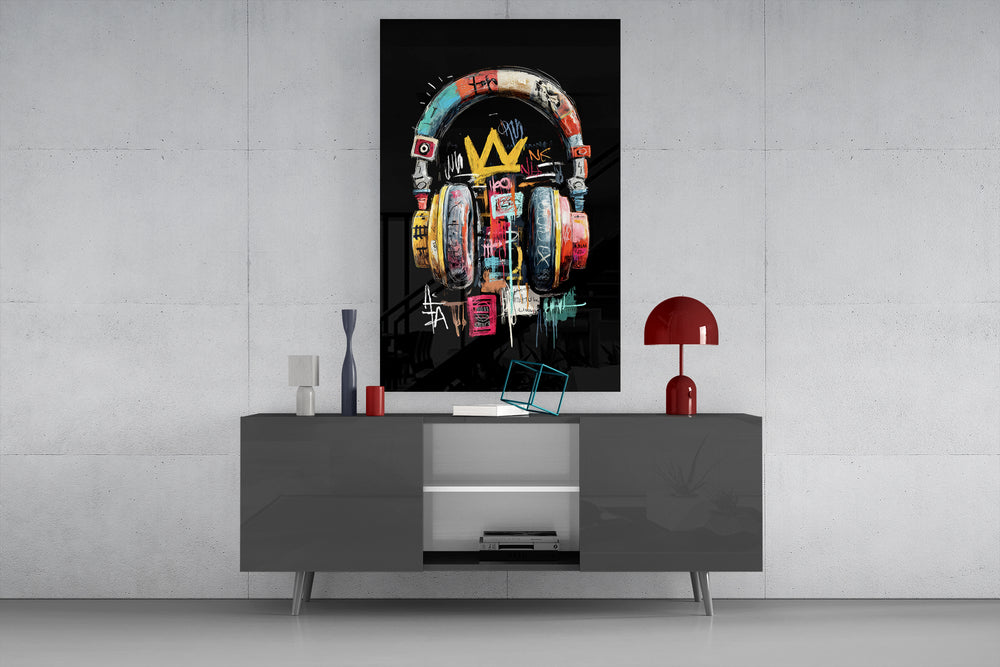 Urban Graffiti Headphones glass wall art catching light to reveal its scribble texture