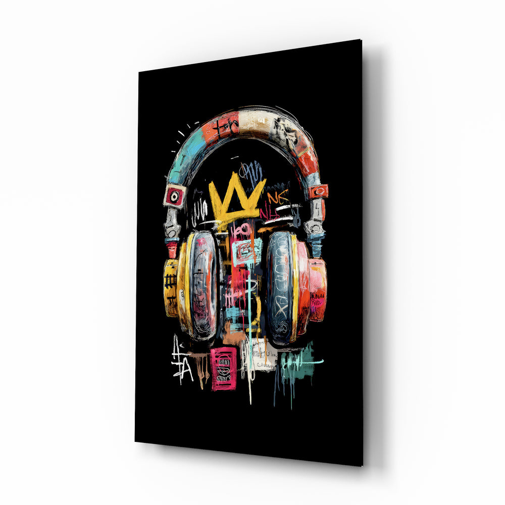 Urban Graffiti Headphones glass wall art in a modern music room
