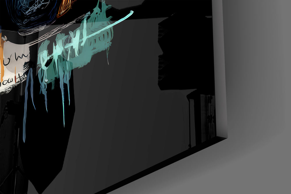 Close-up detail of the graffiti headphones and yellow crown behind glass