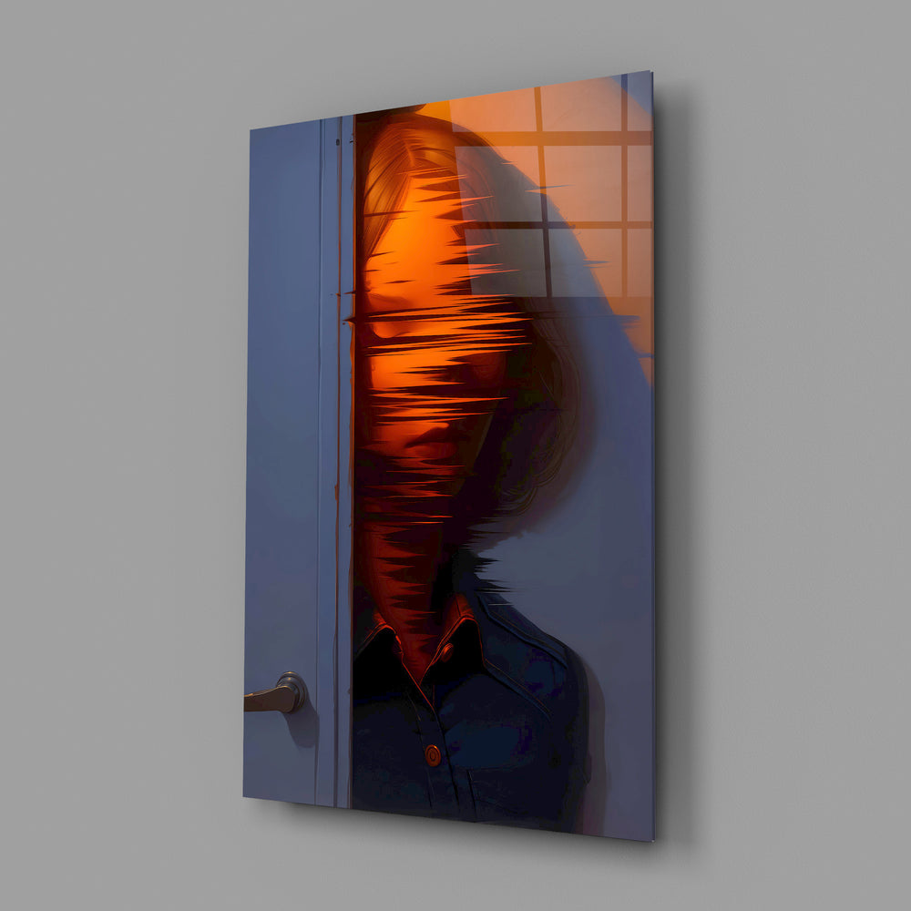 Glitch portrait panel anchoring a designer's office wall