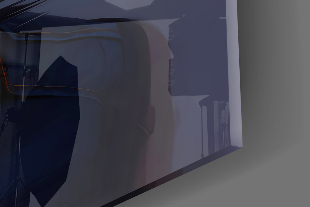 Close-up detail of the audio-waveform face and denim shirt behind glass