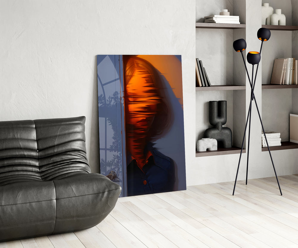 Surreal portrait panel against a moody dark-painted accent wall