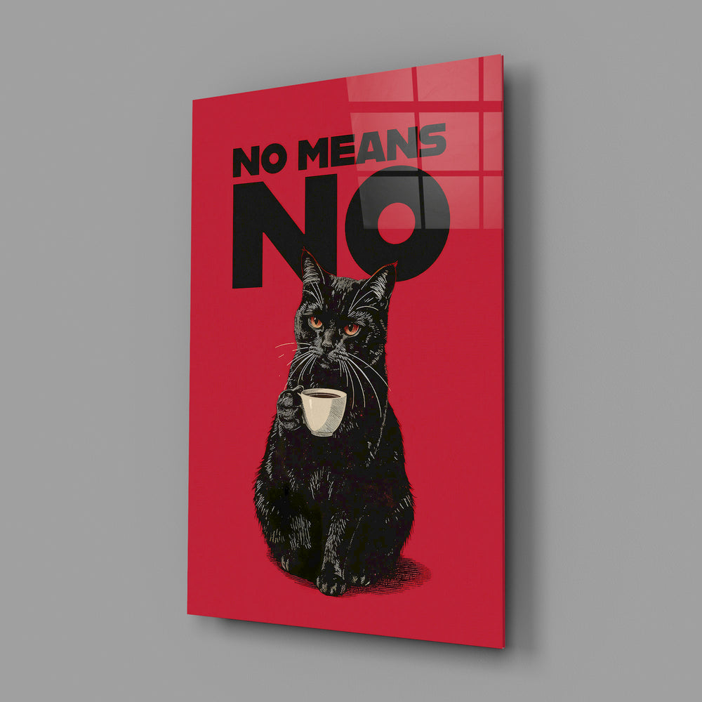 Bold cat-poster panel anchoring a breakfast nook wall