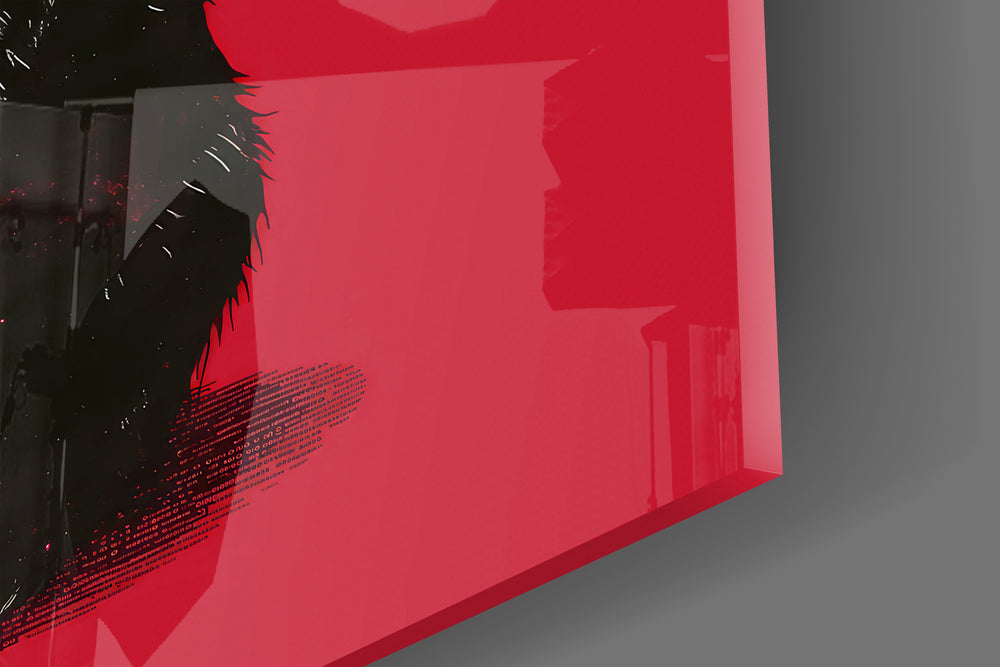Close-up detail of the black cat with espresso and bold typography behind glass