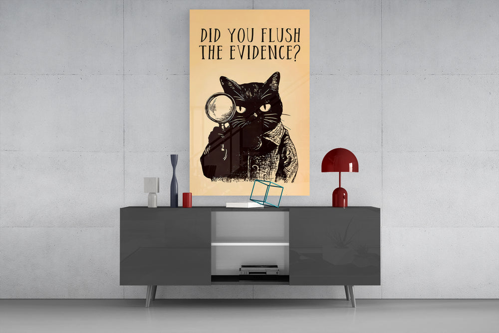 Vintage Cat Detective glass wall art catching light to reveal its engraved cross-hatch