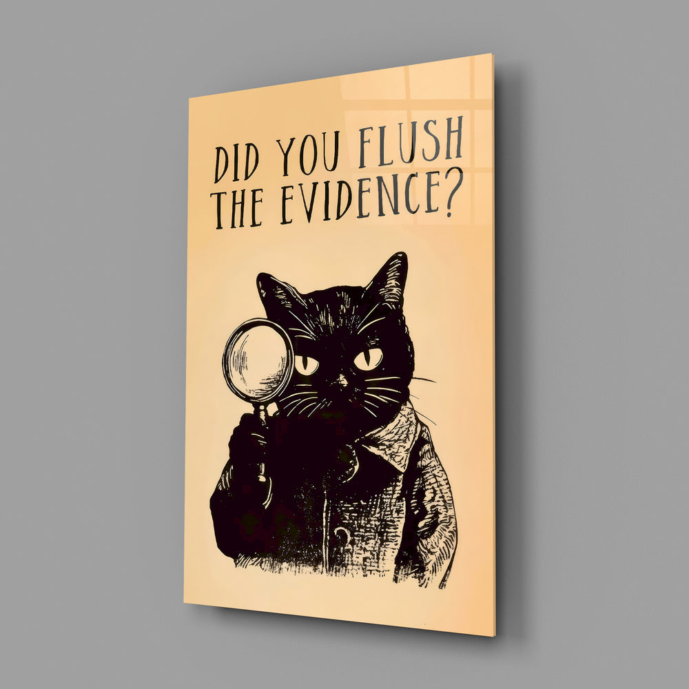 Sepia humor-poster panel anchoring a guest bathroom wall