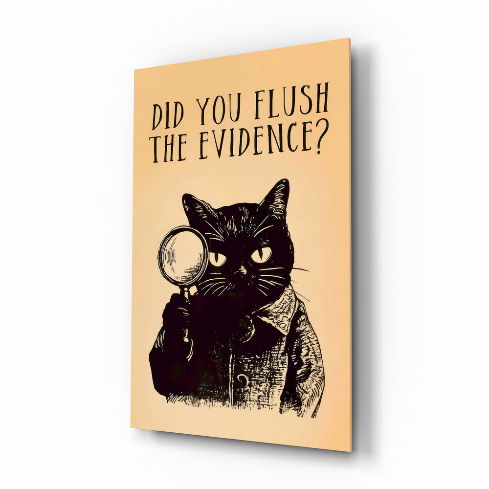 Vintage Cat Detective glass wall art in a modern powder room
