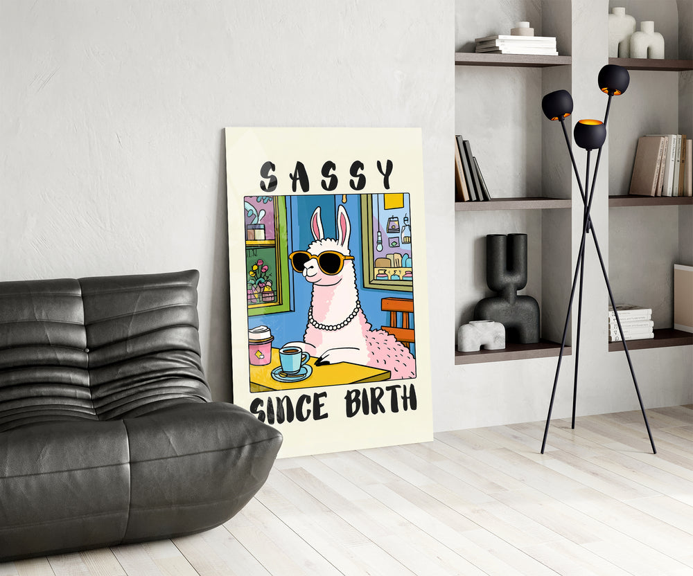 Sassy llama panel against a clean cream-painted accent wall