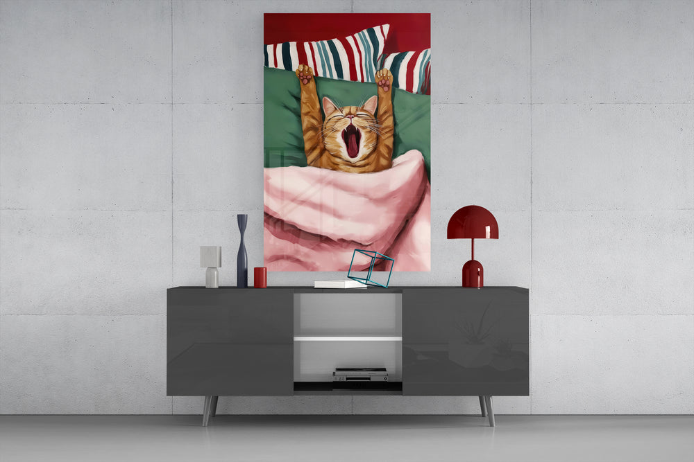 Yawning Cat artwork styled in a children's bedroom with cozy accents