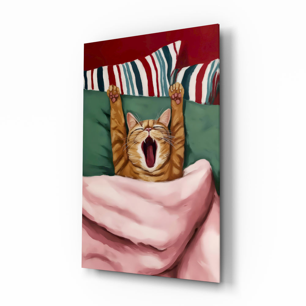 Yawning Cat in Bed painterly glass wall art in a modern master bedroom
