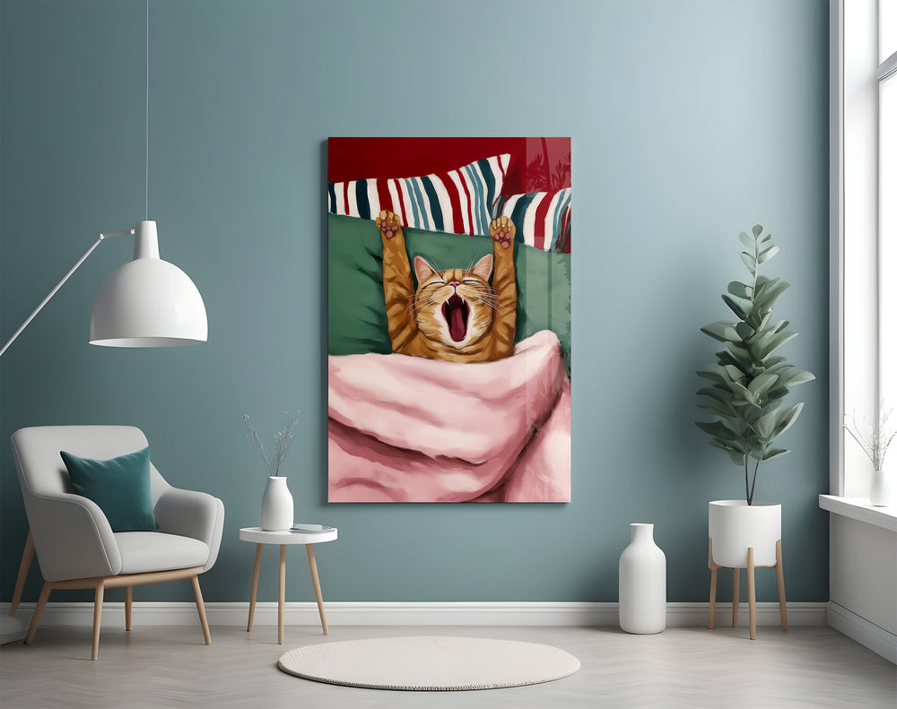 Yawning Cat panel against a soft warm-painted accent wall