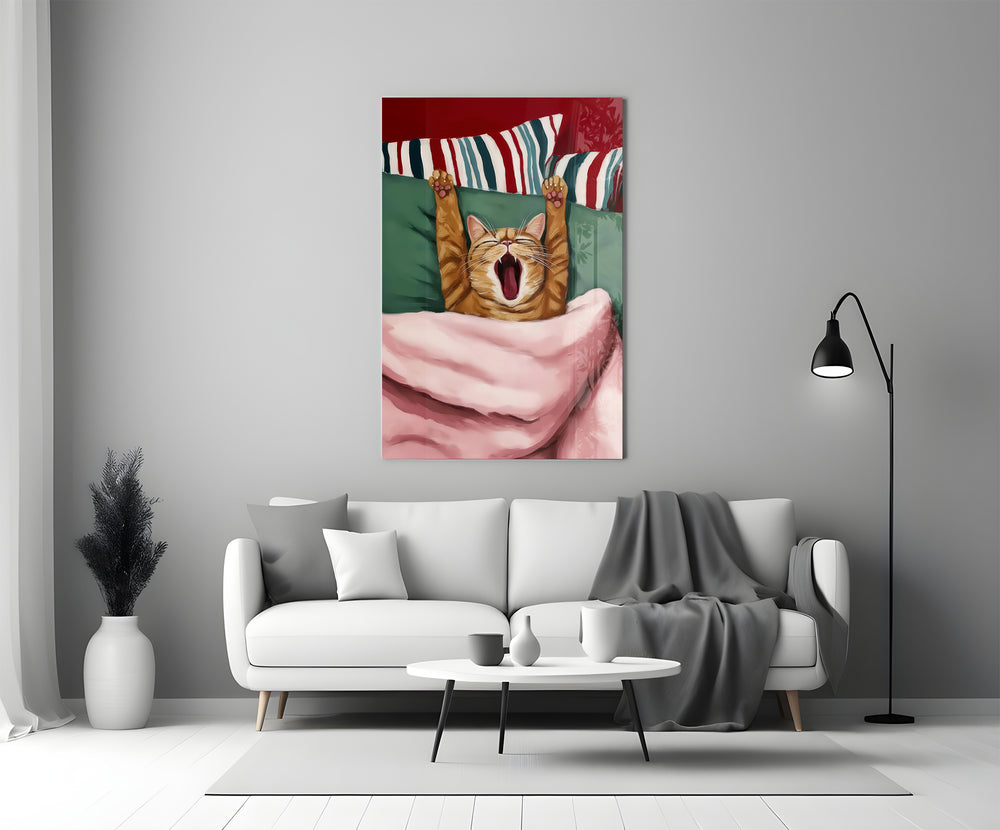 Yawning Cat in Bed glass wall art catching light to reveal its oil brushwork