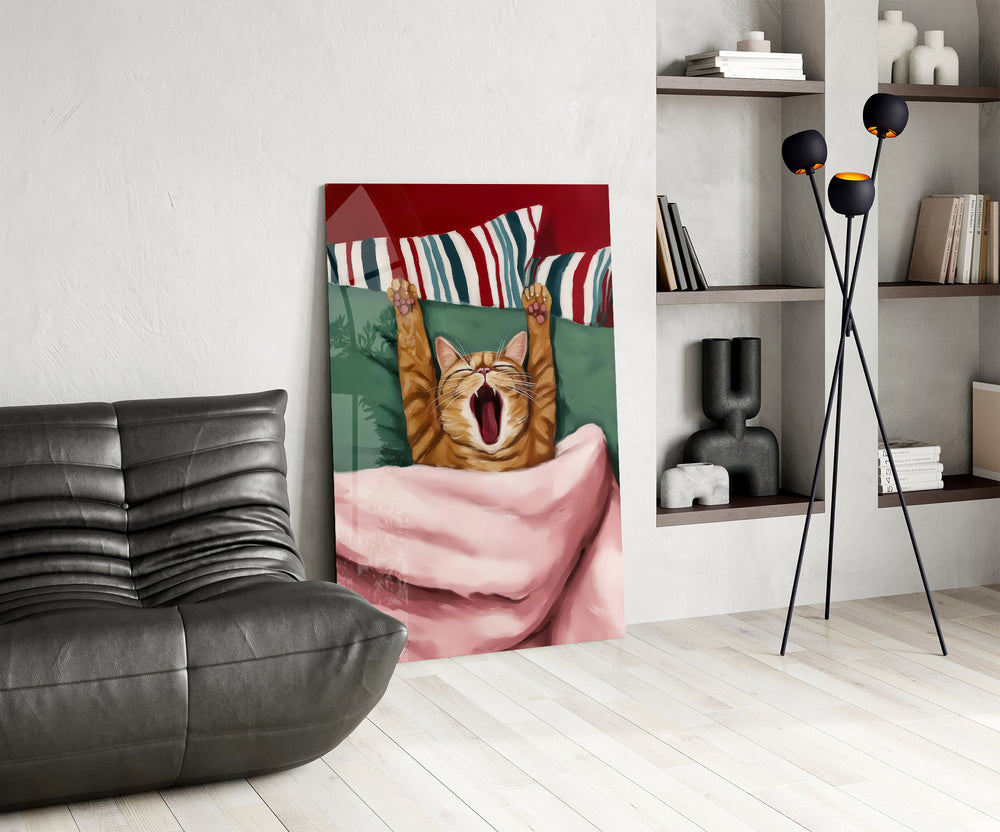 Oil-portrait cat panel anchoring a guest bedroom wall