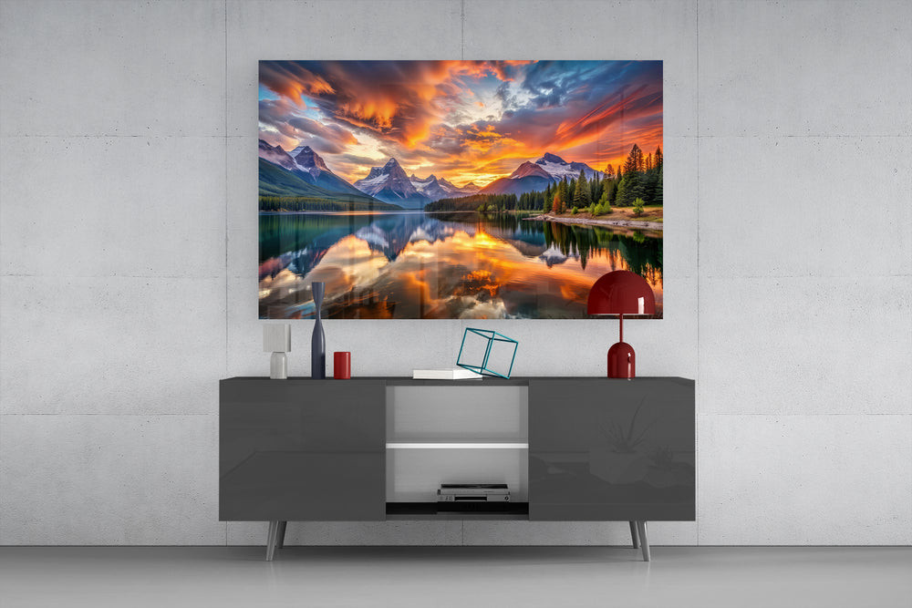 Fiery Clouds Over Snowy Peaks Lake Glass Wall Art