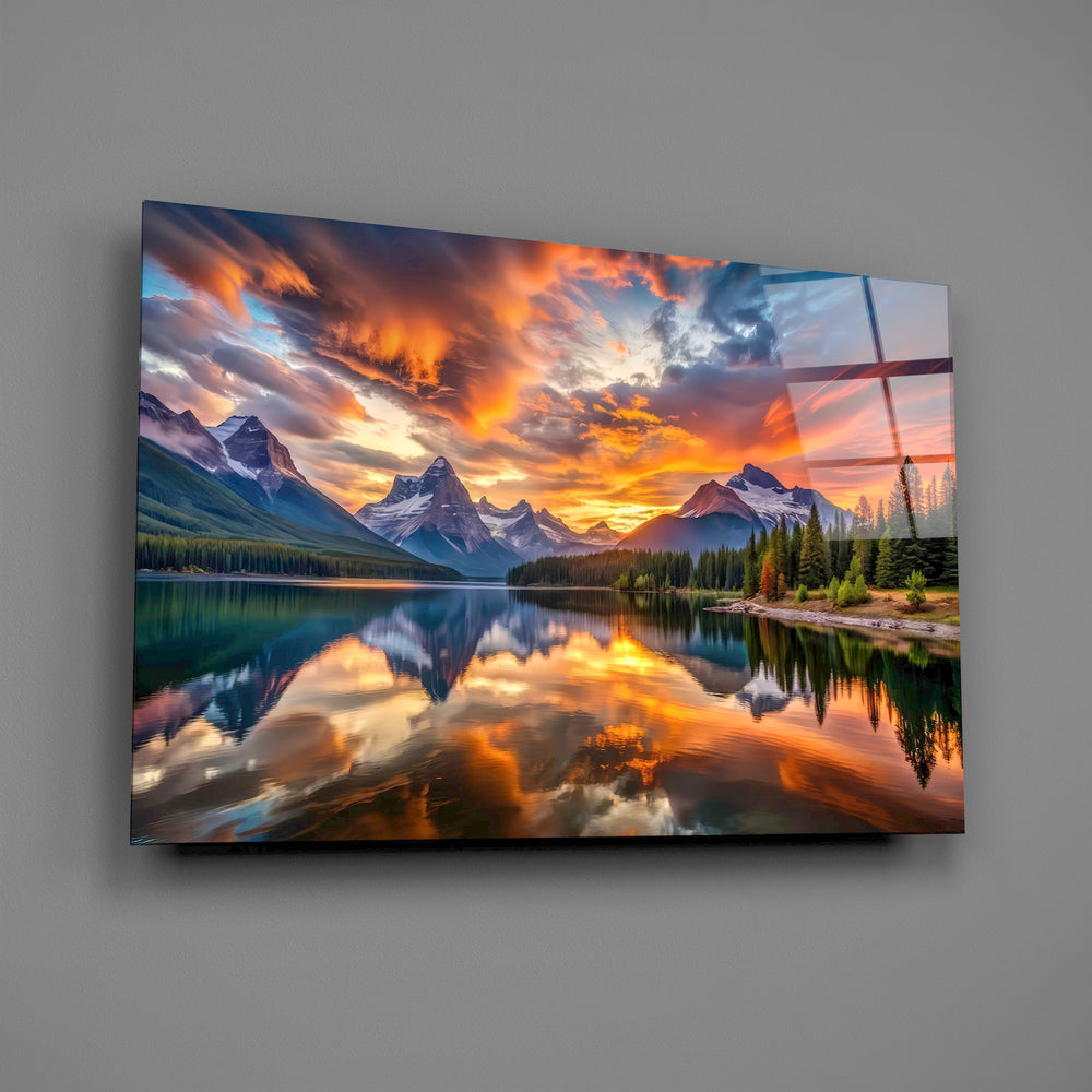 Fiery Clouds Over Snowy Peaks Lake Glass Wall Art