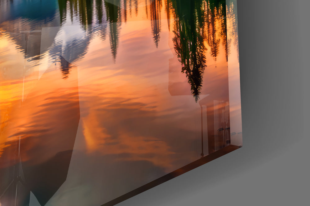 Fiery Clouds Over Snowy Peaks Lake Glass Wall Art