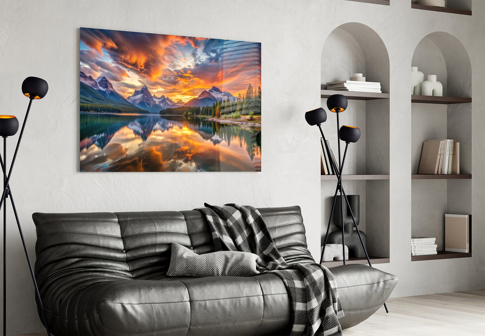 Fiery Clouds Over Snowy Peaks Lake Glass Wall Art